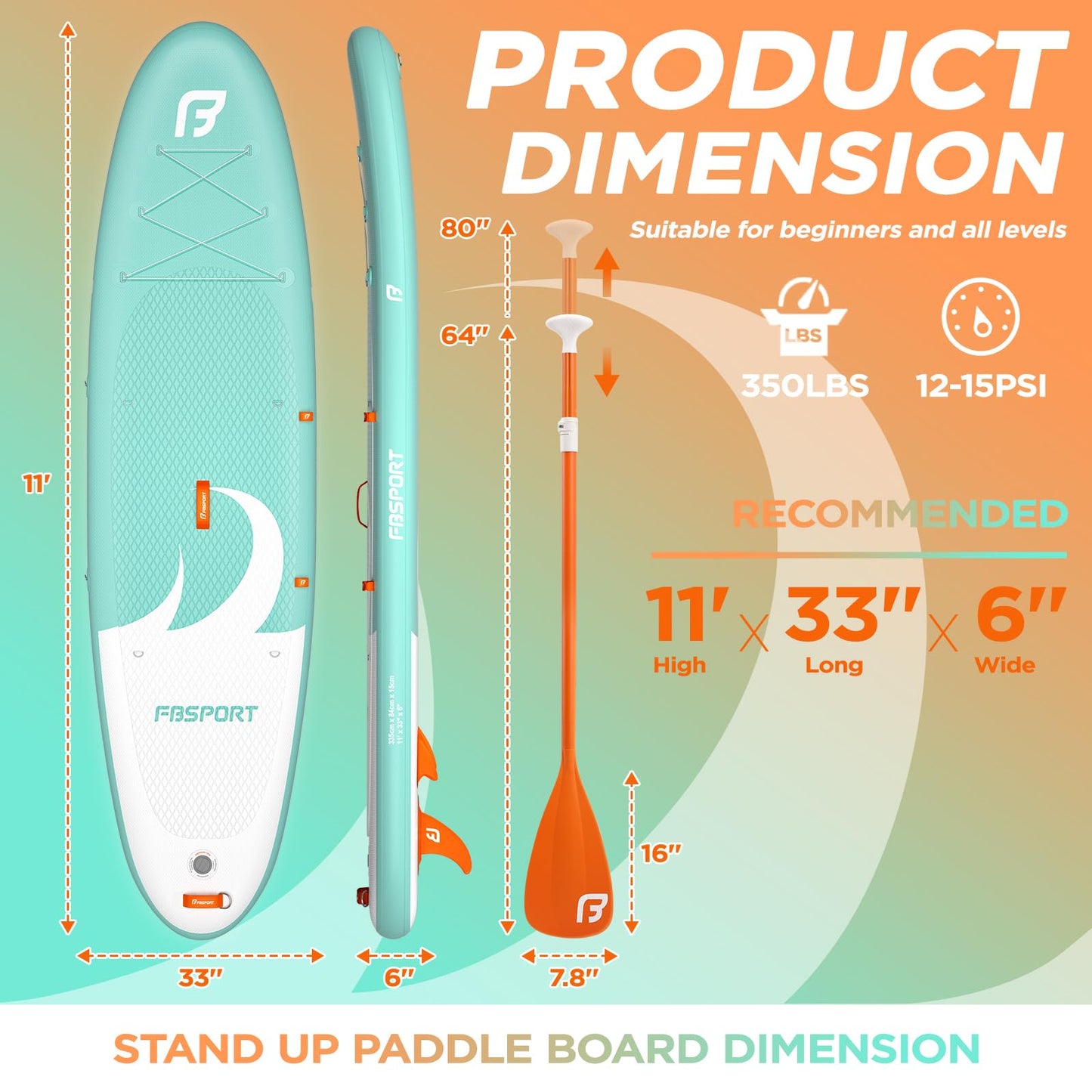 FBSPORT aufblasbares SUP Board, 335 cm, mit Komplett-Set