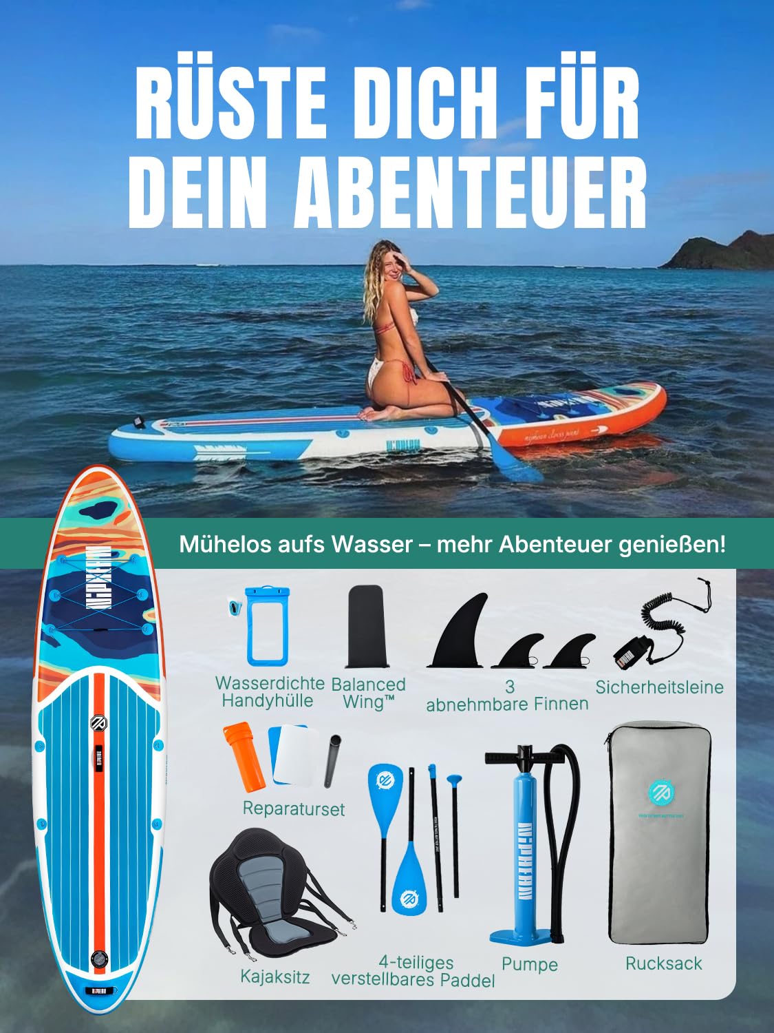 Niphean SUP Board, 320 cm, mit Sitz für 2 Personen, bis 200 kg