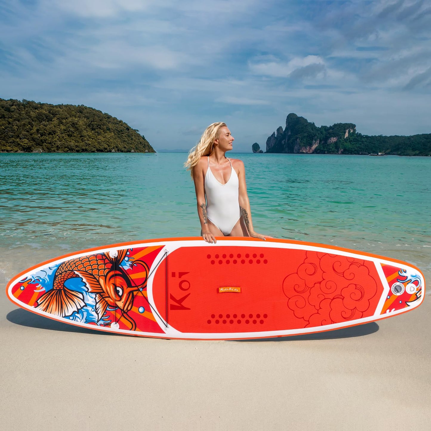FunWater aufblasbares SUP Board, Koi-Muster, Rot, 335 cm, mit Komplett-Set