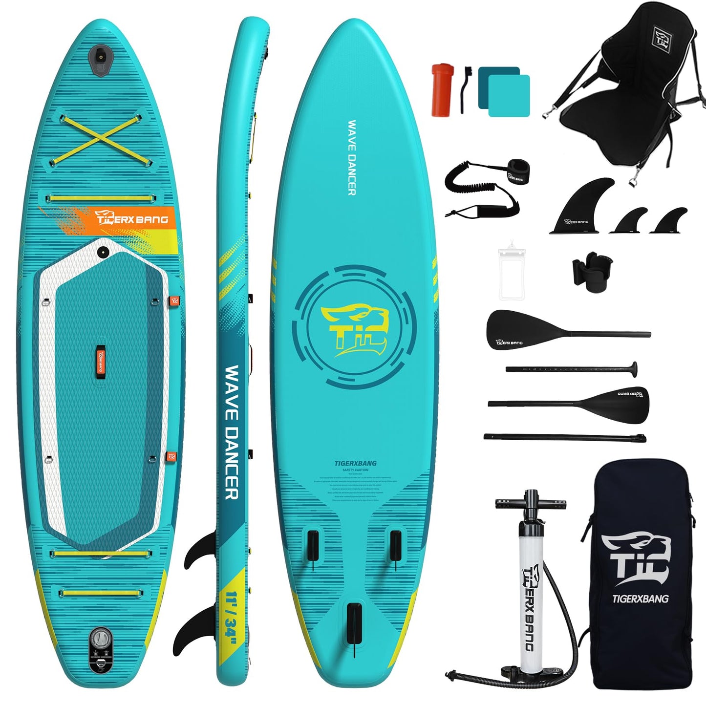 TIGERXBANG aufblasbares SUP Board, 335 cm, mit Komplett-Set, Himmelblau