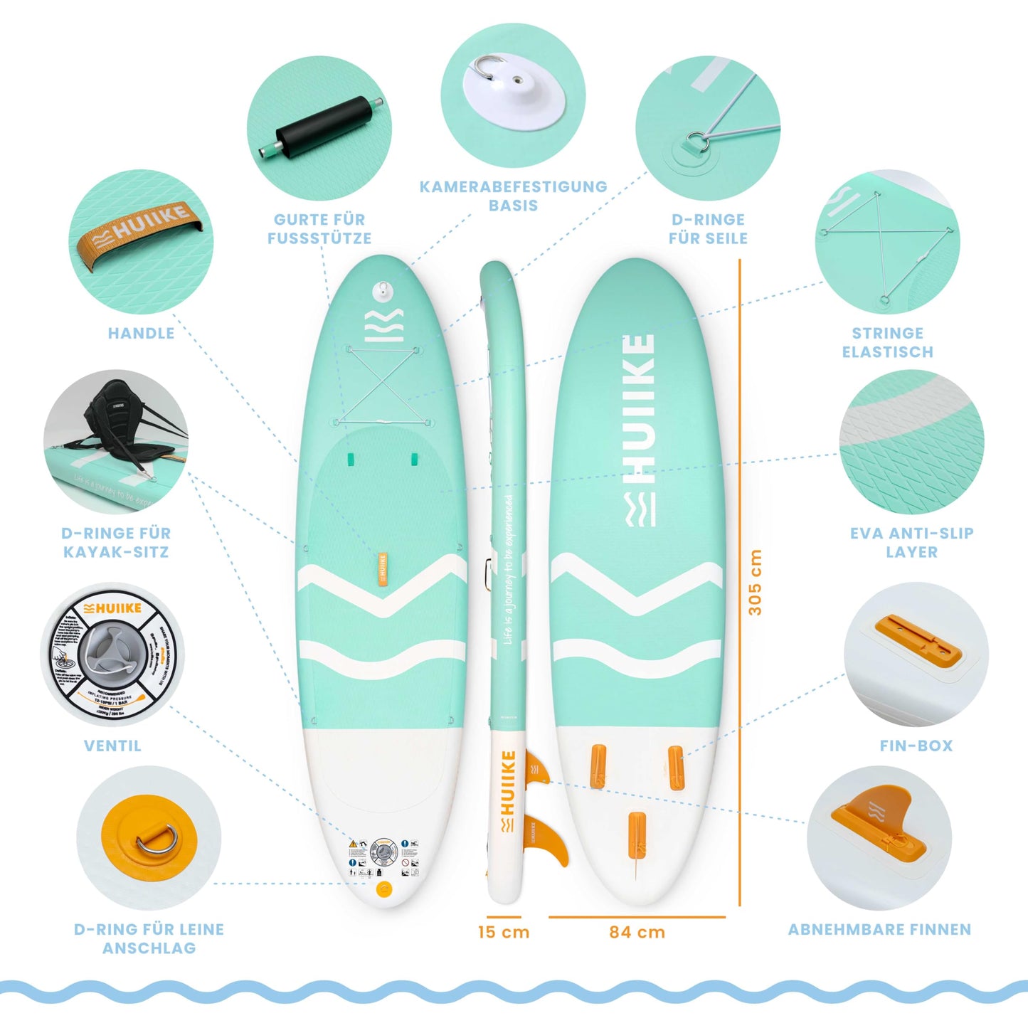 HUIIKE aufblasbares SUP Board, 305 cm, bis 130 kg, mit Komplett-Set