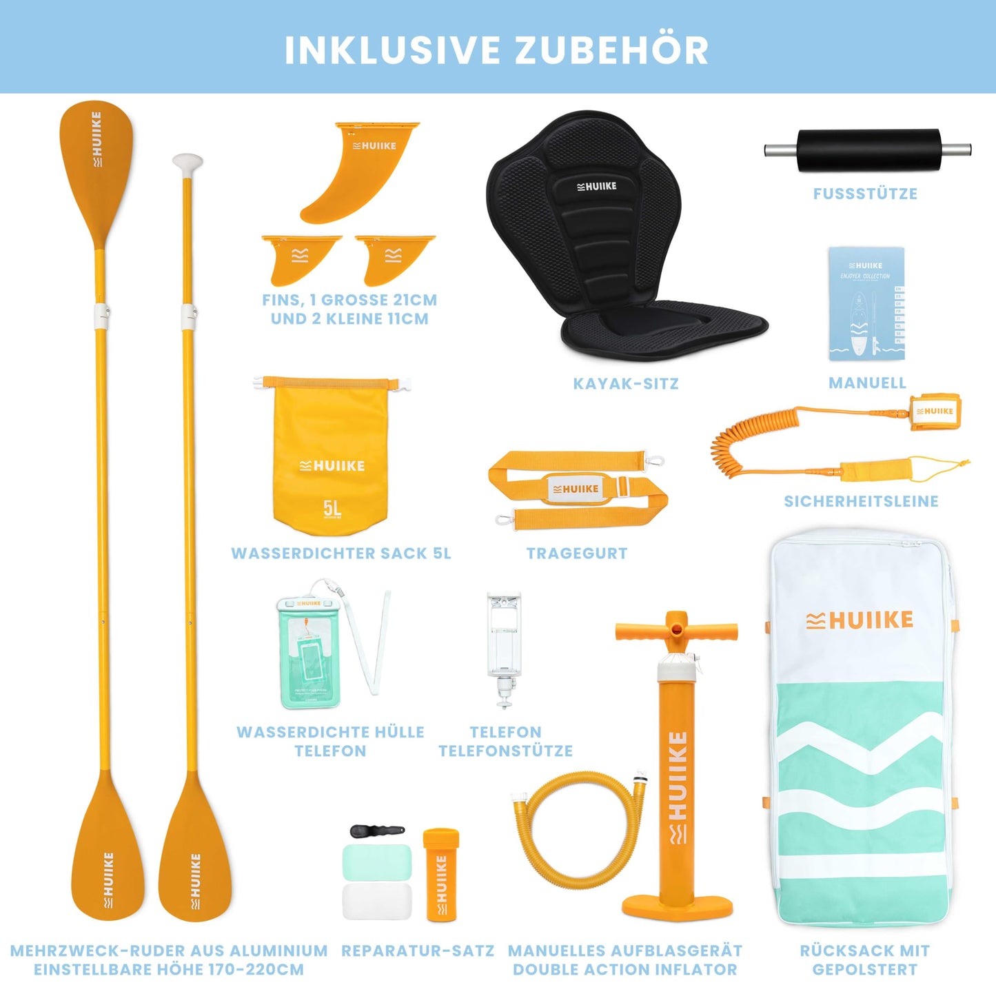 HUIIKE aufblasbares SUP Board, 305 cm, bis 130 kg, mit Komplett-Set
