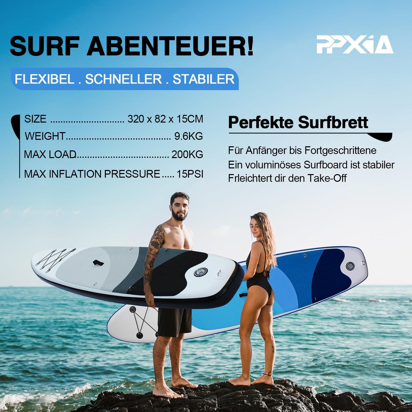 Aufblasbares SUP Board mit Sitz, 320 cm, bis 200 kg, Blau