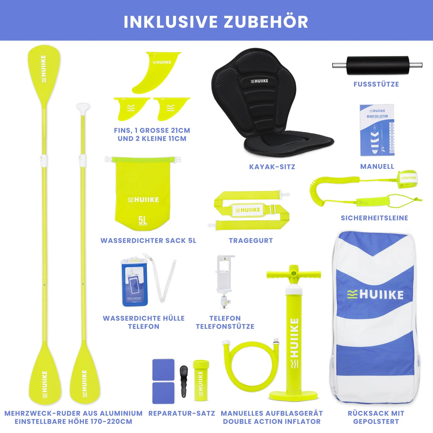 HUIIKE aufblasbares SUP Board, bis 130 kg, 305 cm, mit Zubehör-Set