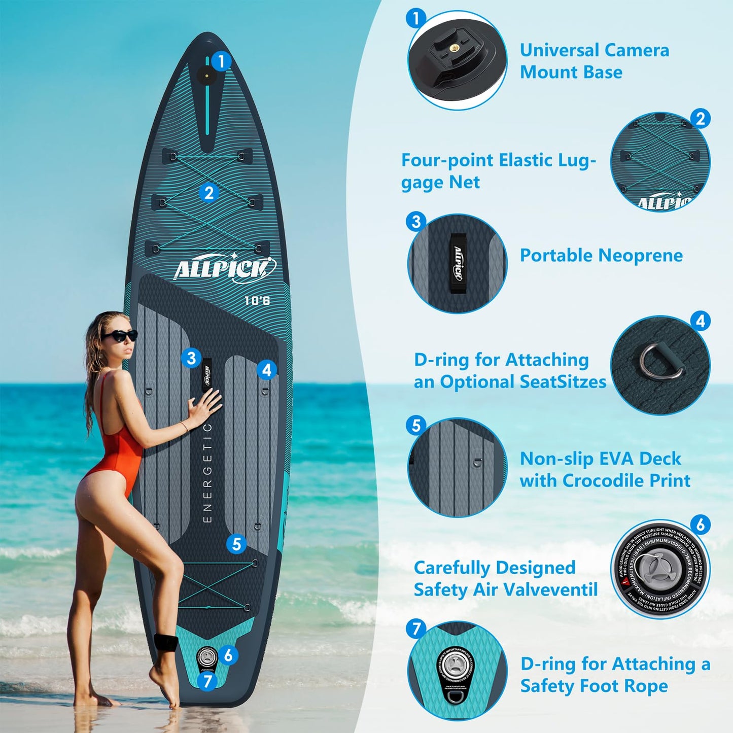 ALLPICK Premium aufblasbares SUP Board Set, mit Kamerahalterung, bis 200 kg, Grün