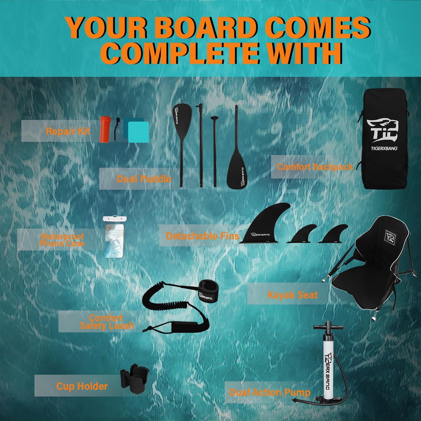 TIGERXBANG aufblasbares SUP Board, 335 cm, mit Komplett-Set, Himmelblau