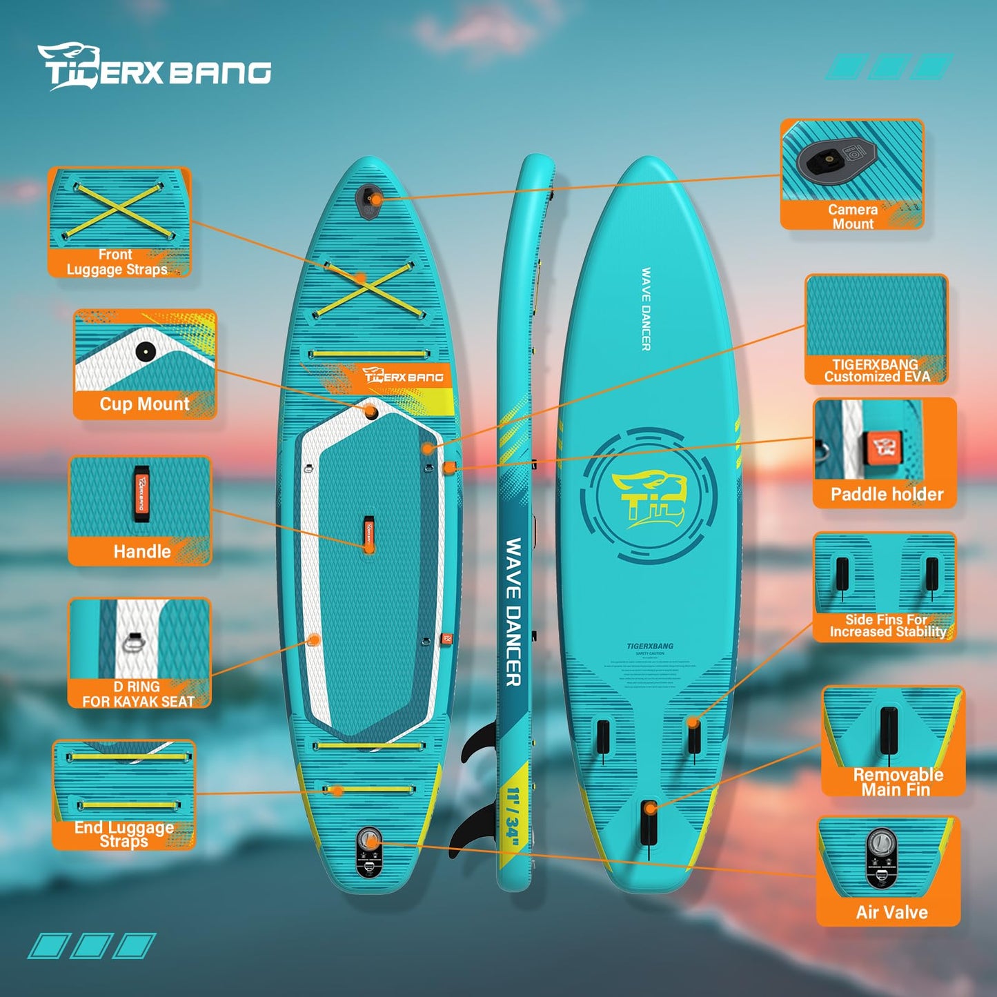 TIGERXBANG aufblasbares SUP Board, 335 cm, mit Komplett-Set, Himmelblau