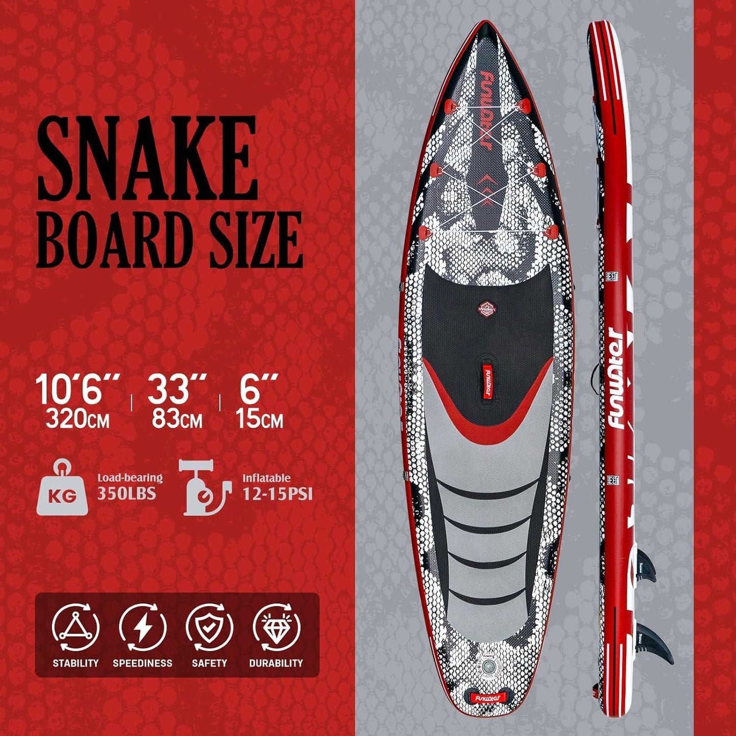 FunWater SUP Board mit Python-Muster, 10'6" oder 11'6", mit Komplett-Set