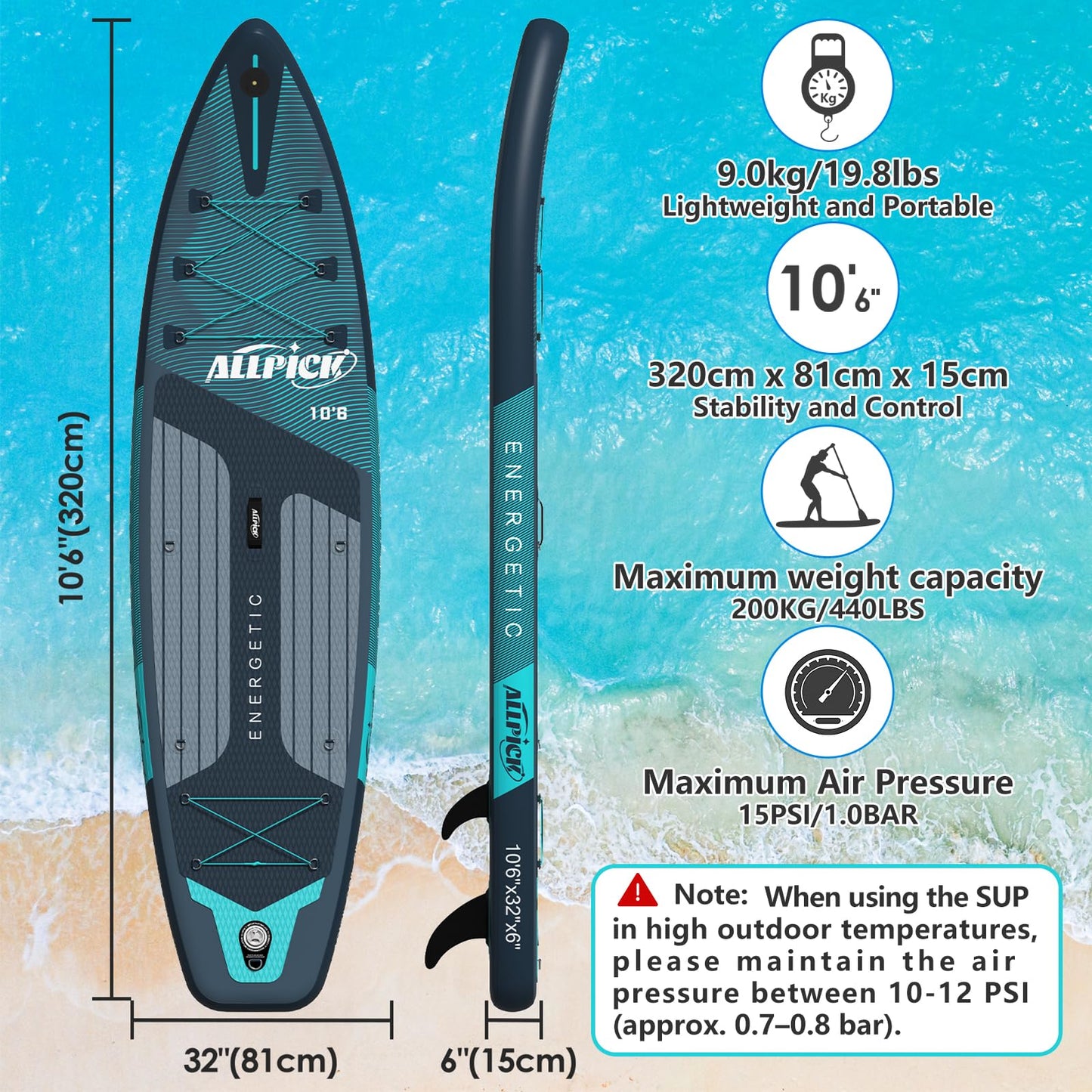 ALLPICK Premium aufblasbares SUP Board Set, mit Kamerahalterung, bis 200 kg, Grün