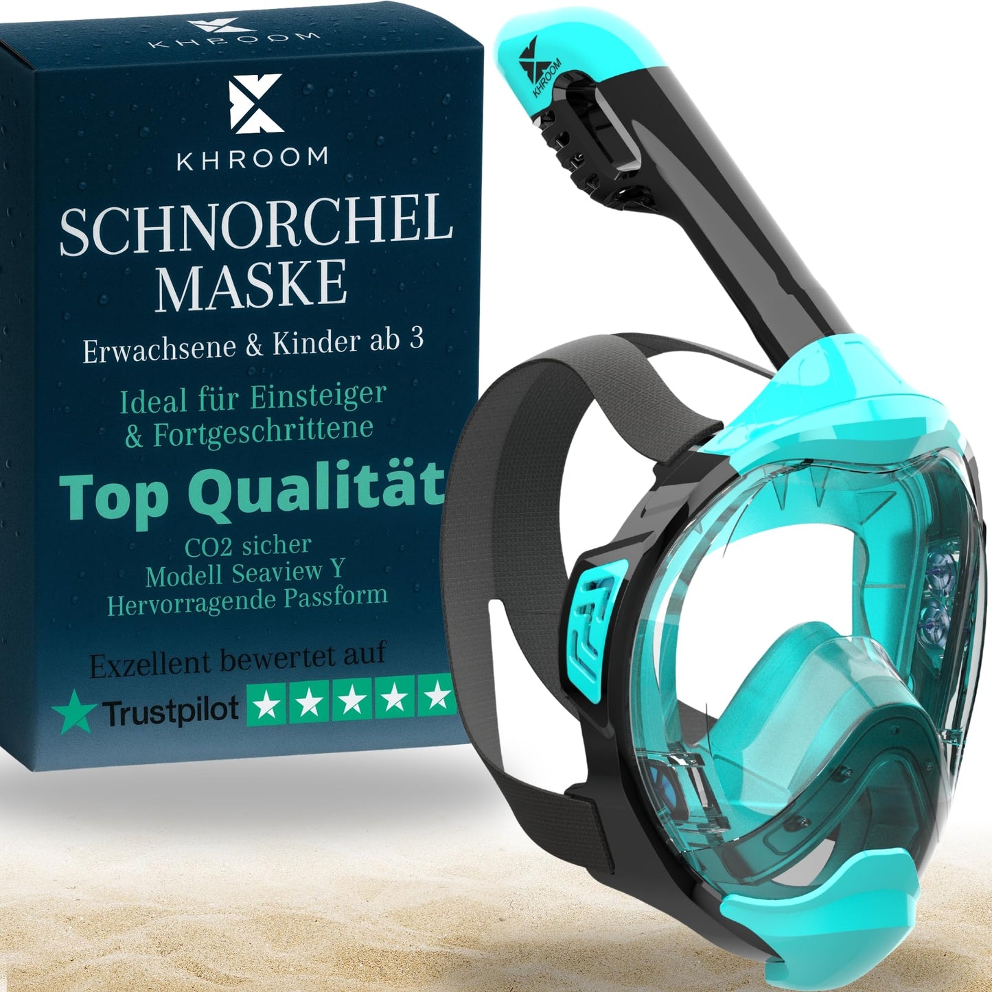 Khroom Seaview Y Vollgesichts-Schnorchelmaske, CO2-sicher, für Erwachsene und Kinder, Türkis L/XL