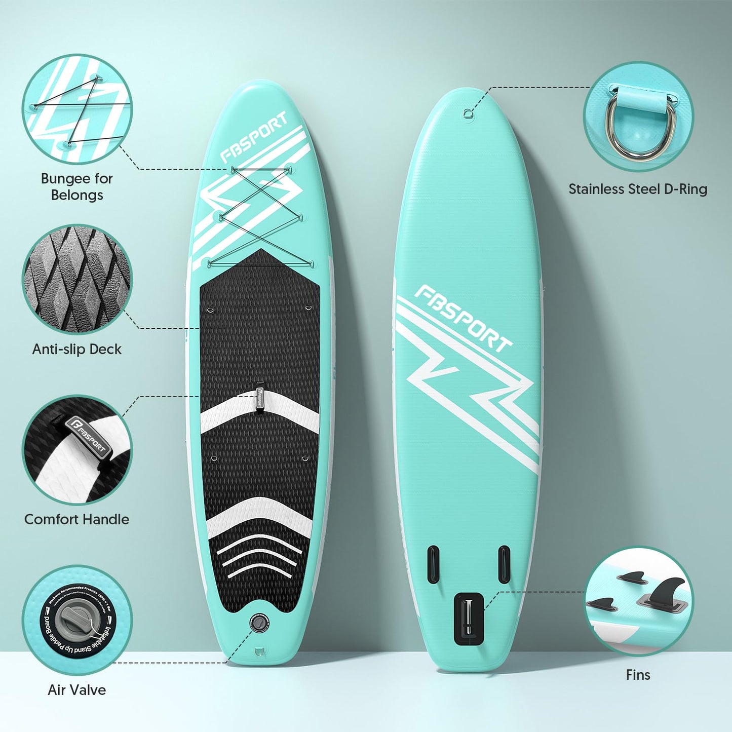 FBSPORT aufblasbares SUP Board, 15 cm dick, mit Komplett-Set, Grün