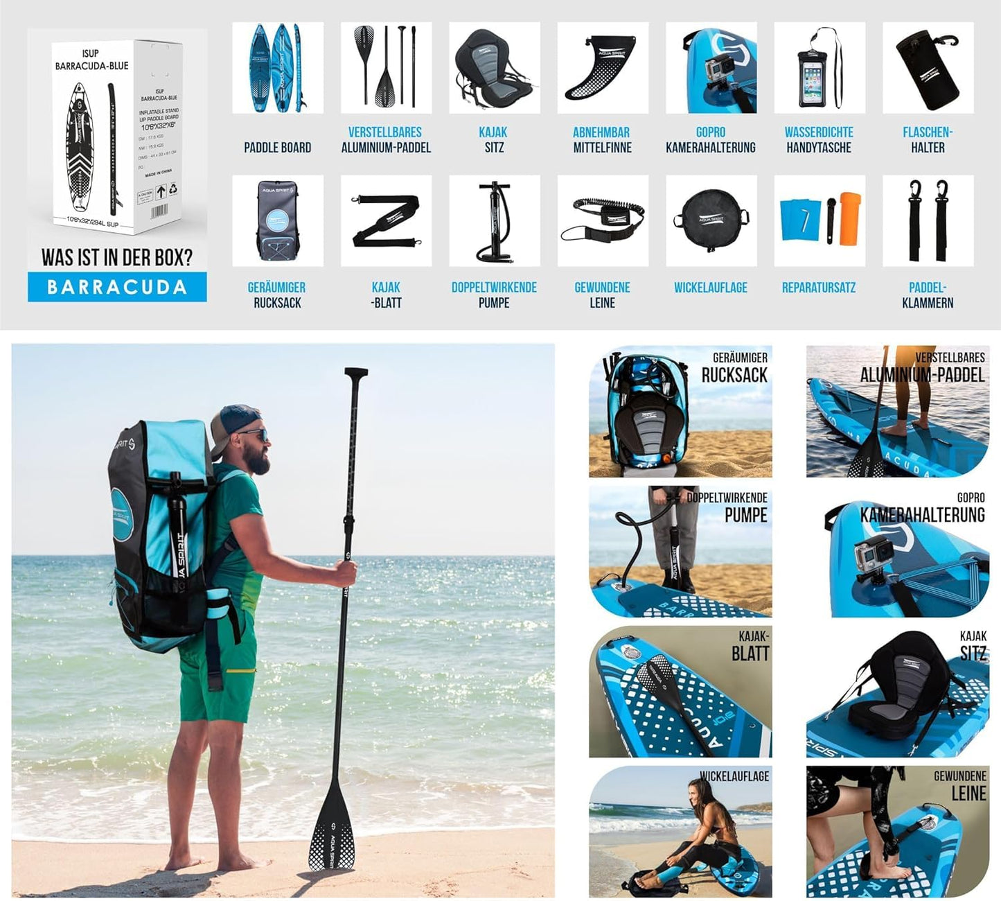 Aqua Spirit aufblasbares SUP Board mit Sitz, 320 cm, Blau