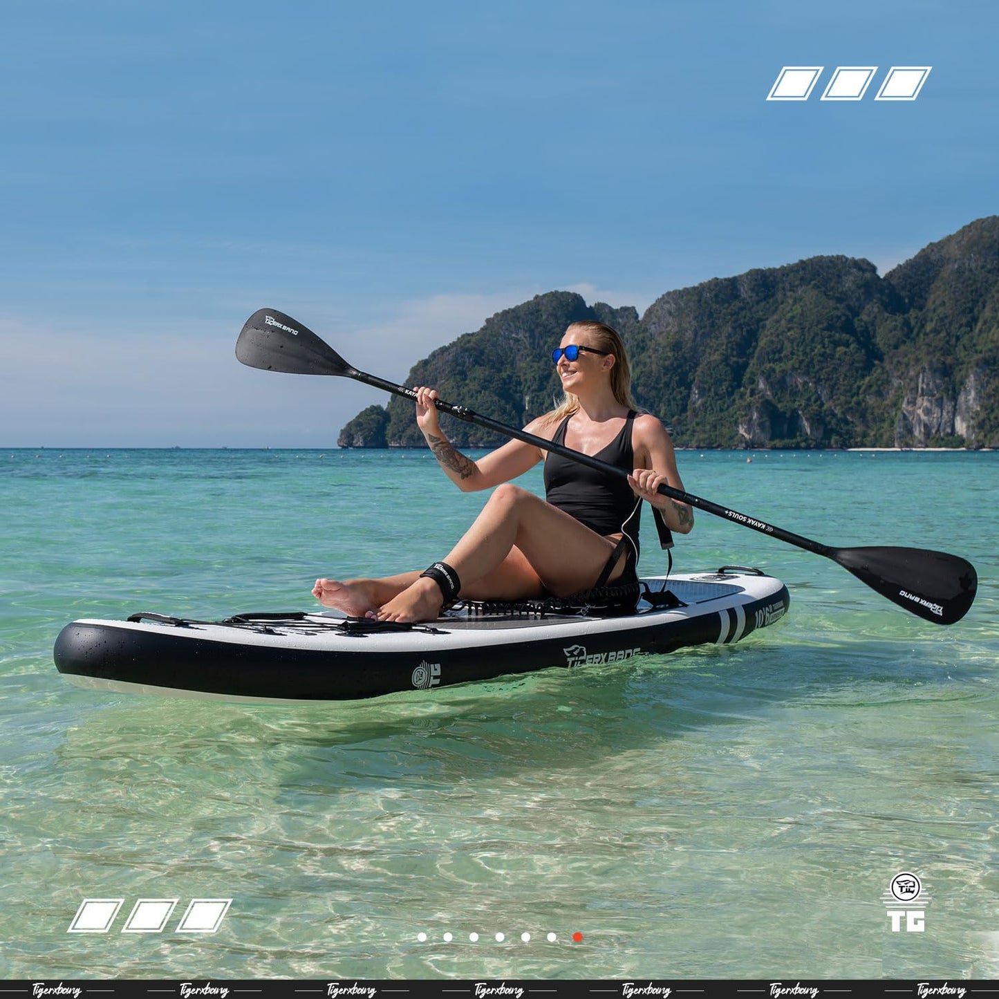 TIGERXBANG aufblasbares SUP Board, mit Kajak-Sitz und Doppelpaddel, 320 cm, Schwarz