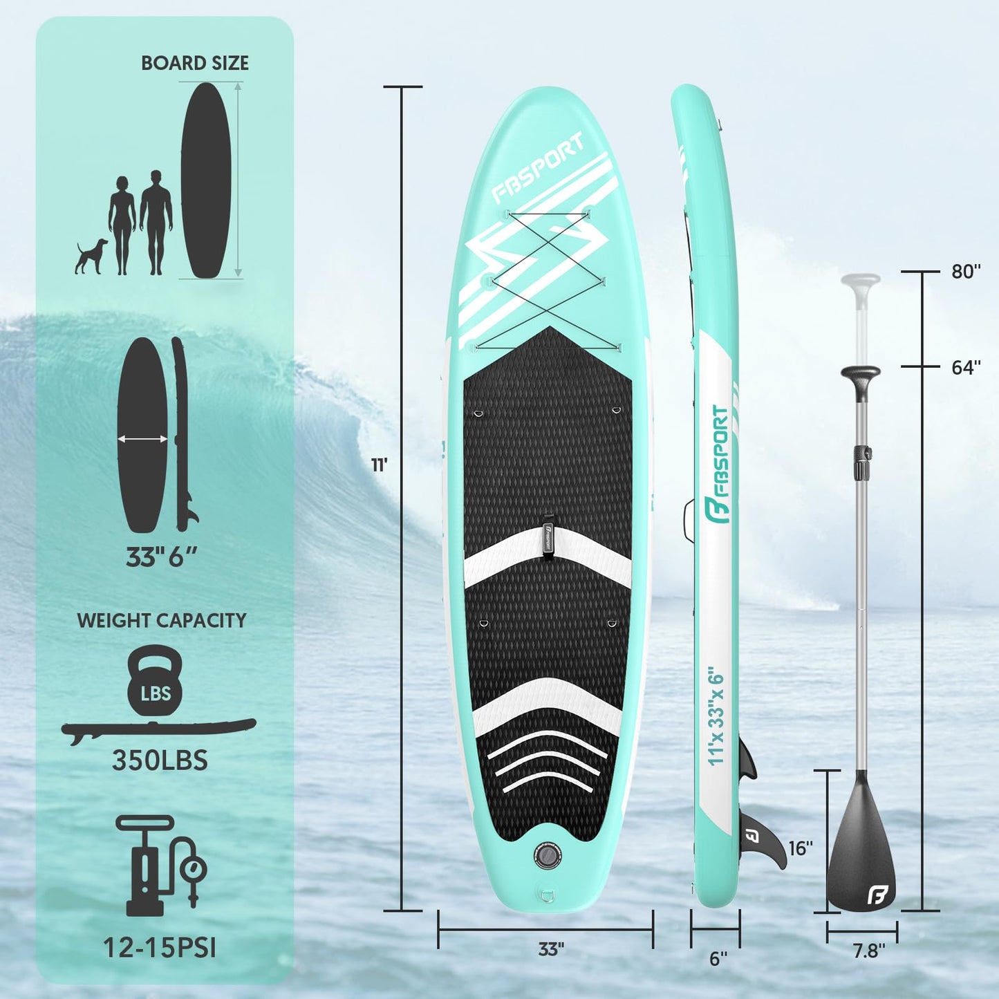 FBSPORT aufblasbares SUP Board, 15 cm dick, mit Komplett-Set, Grün