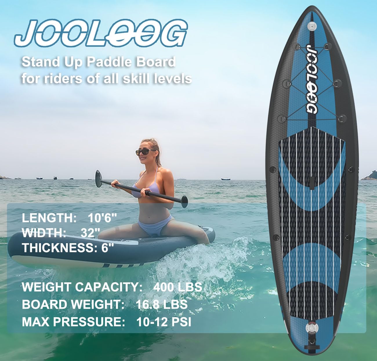 JOOLOOG aufblasbares SUP Board, mit Kajaksitz, 320 cm, Blau