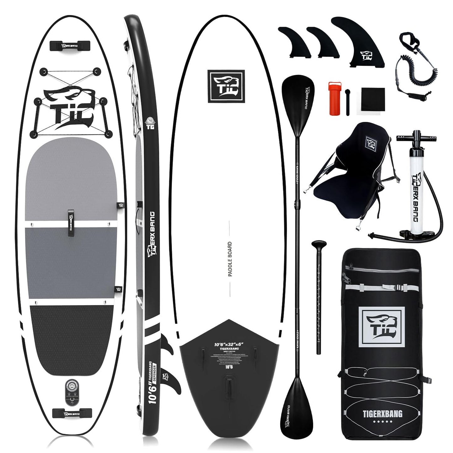 TIGERXBANG aufblasbares SUP Board, mit Kajak-Sitz und Doppelpaddel, 320 cm, Schwarz