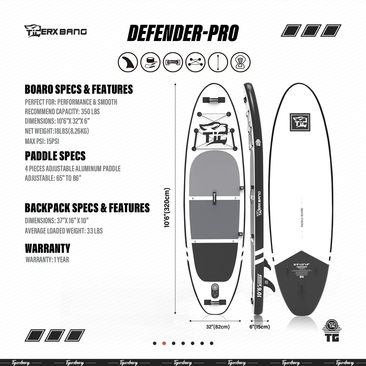 TIGERXBANG aufblasbares SUP Board, mit Kajak-Sitz und Doppelpaddel, 320 cm, Schwarz