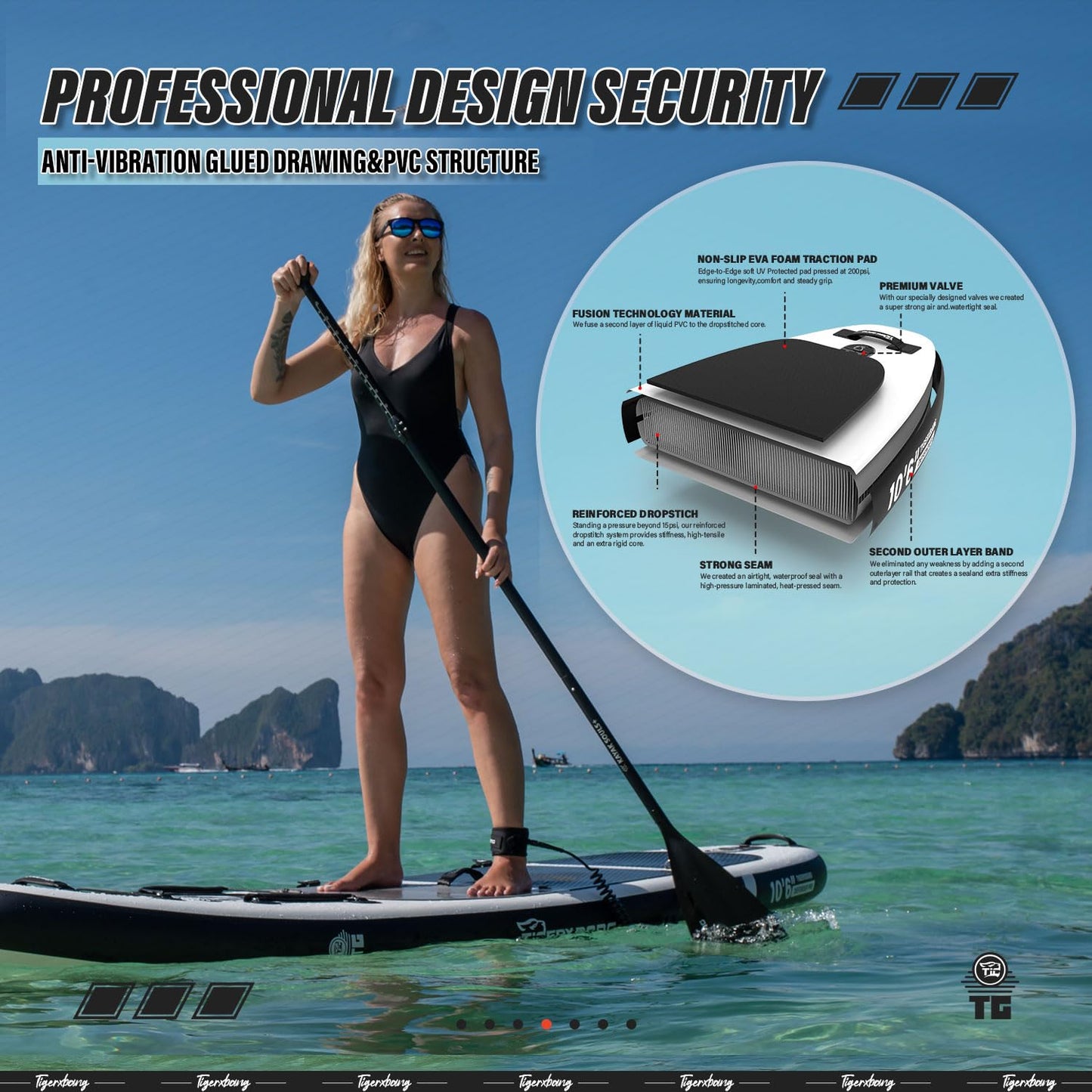 TIGERXBANG aufblasbares SUP Board, mit Kajak-Sitz und Doppelpaddel, 320 cm, Schwarz