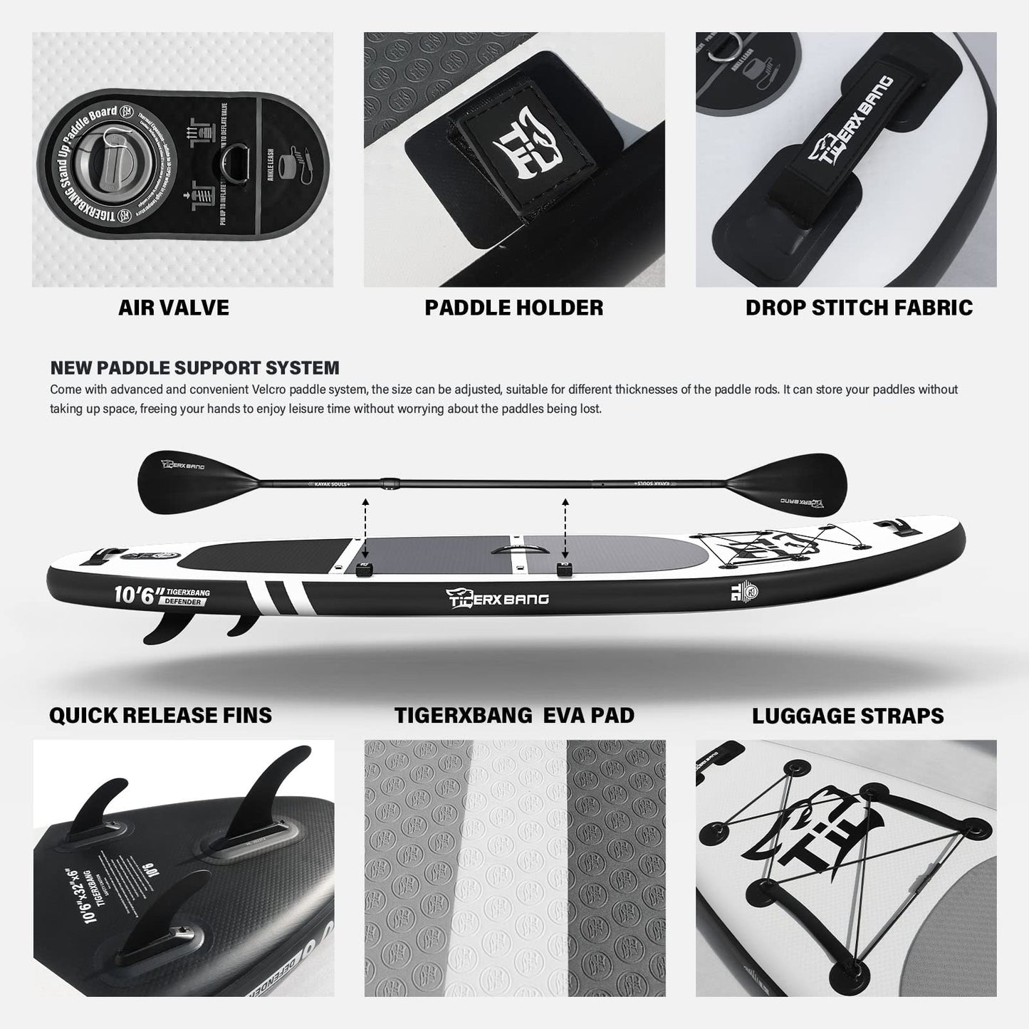 TIGERXBANG aufblasbares SUP Board, mit Kajak-Sitz und Doppelpaddel, 320 cm, Schwarz