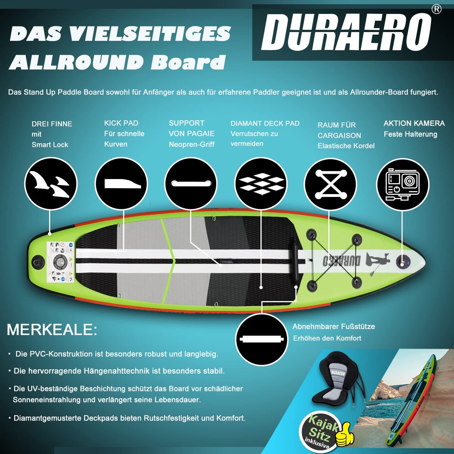 Aufblasbares SUP Board Set, mit Kajak-Sitz und Kamerahalterung, 330 cm, bis 150 kg