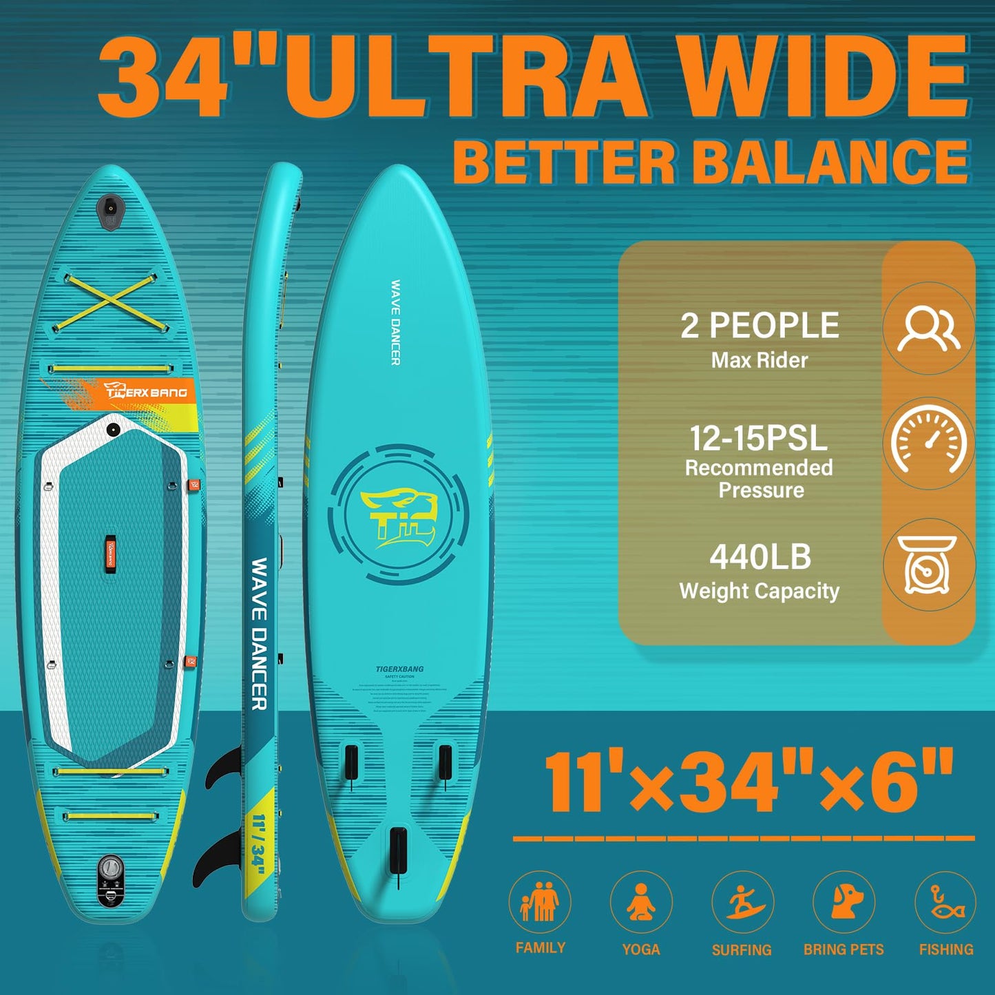 TIGERXBANG aufblasbares SUP Board, 335 cm, mit Komplett-Set, Himmelblau