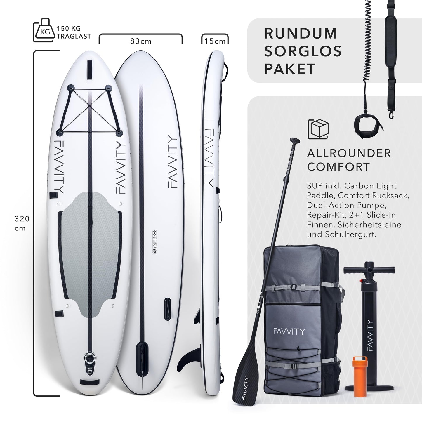 FAVVITY aufblasbares SUP Board, 7 Jahre Garantie, ultraleicht, bis 150 kg