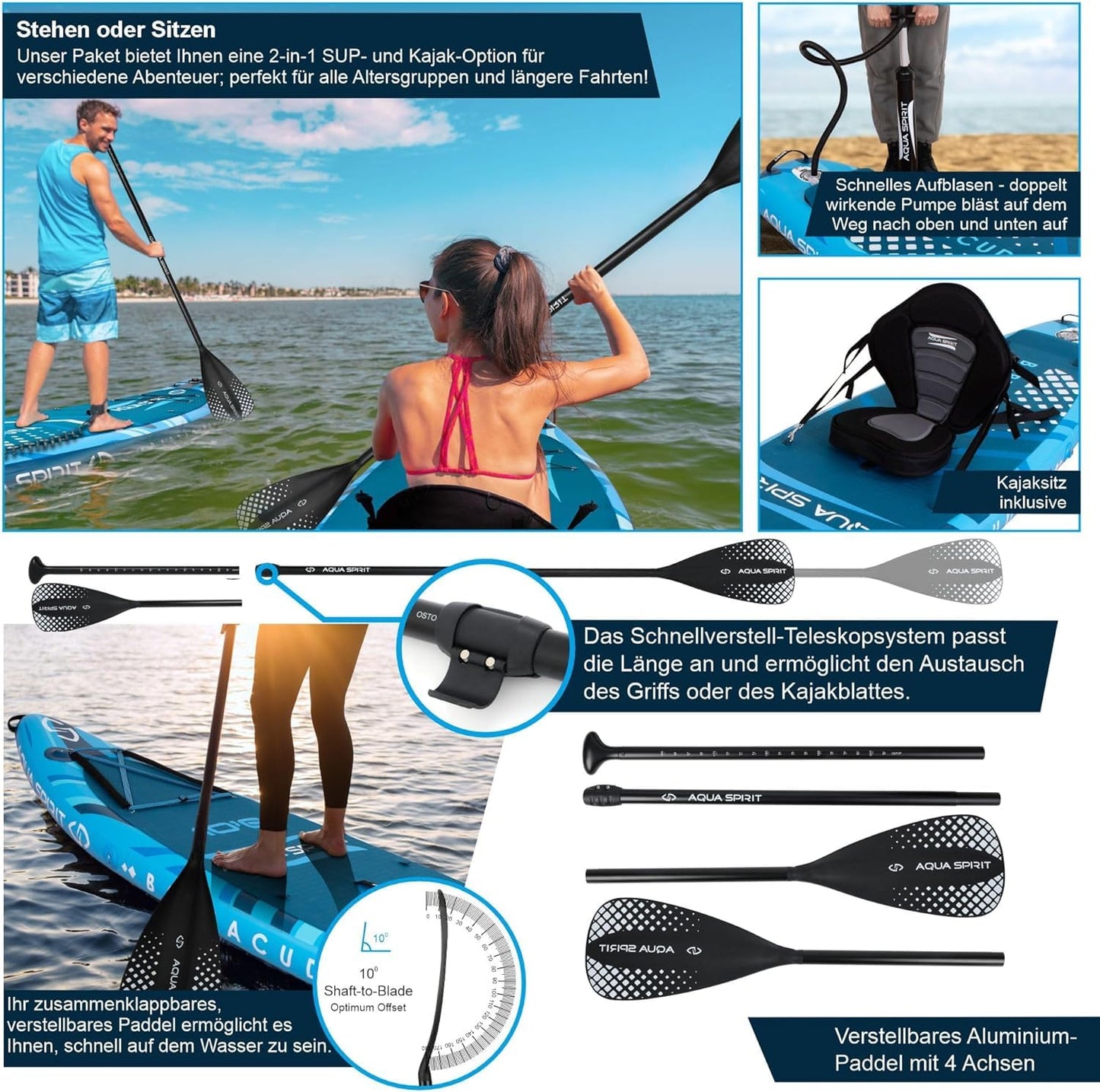 Aqua Spirit aufblasbares SUP Board mit Sitz, 320 cm, Blau