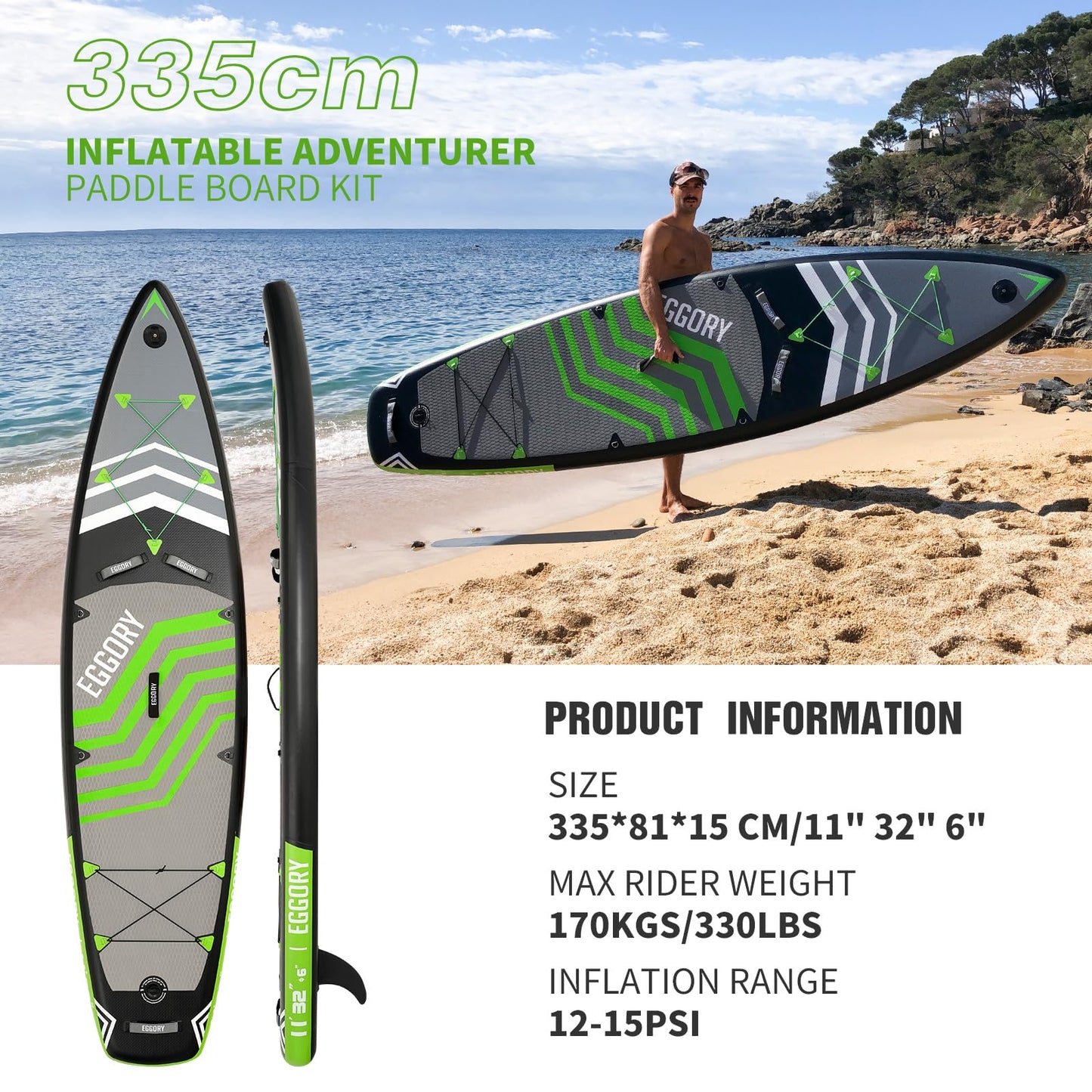Extra breites aufblasbares SUP Board, mit Paddel & Pumpe, Graugrün