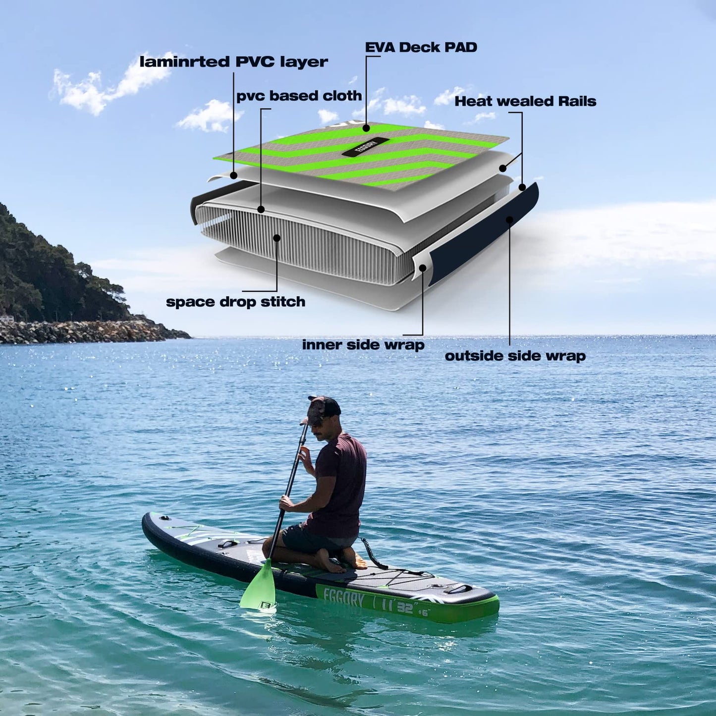 Extra breites aufblasbares SUP Board, mit Paddel & Pumpe, Graugrün