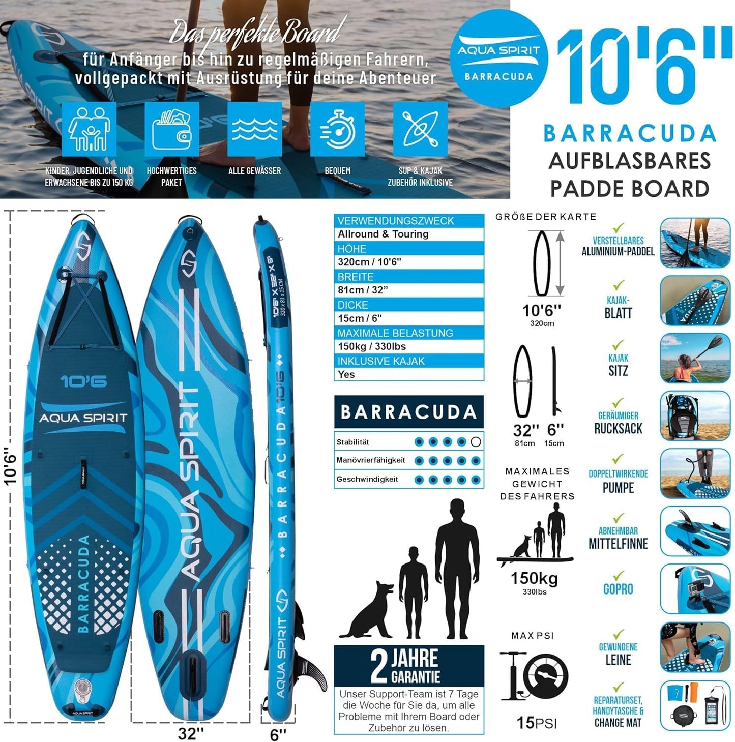 Aqua Spirit aufblasbares SUP Board mit Sitz, 320 cm, Blau