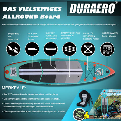 Aufblasbares SUP Board mit Kajak-Sitz, 330 cm, bis 150 kg, mit Kamerahalterung, Mintgrün