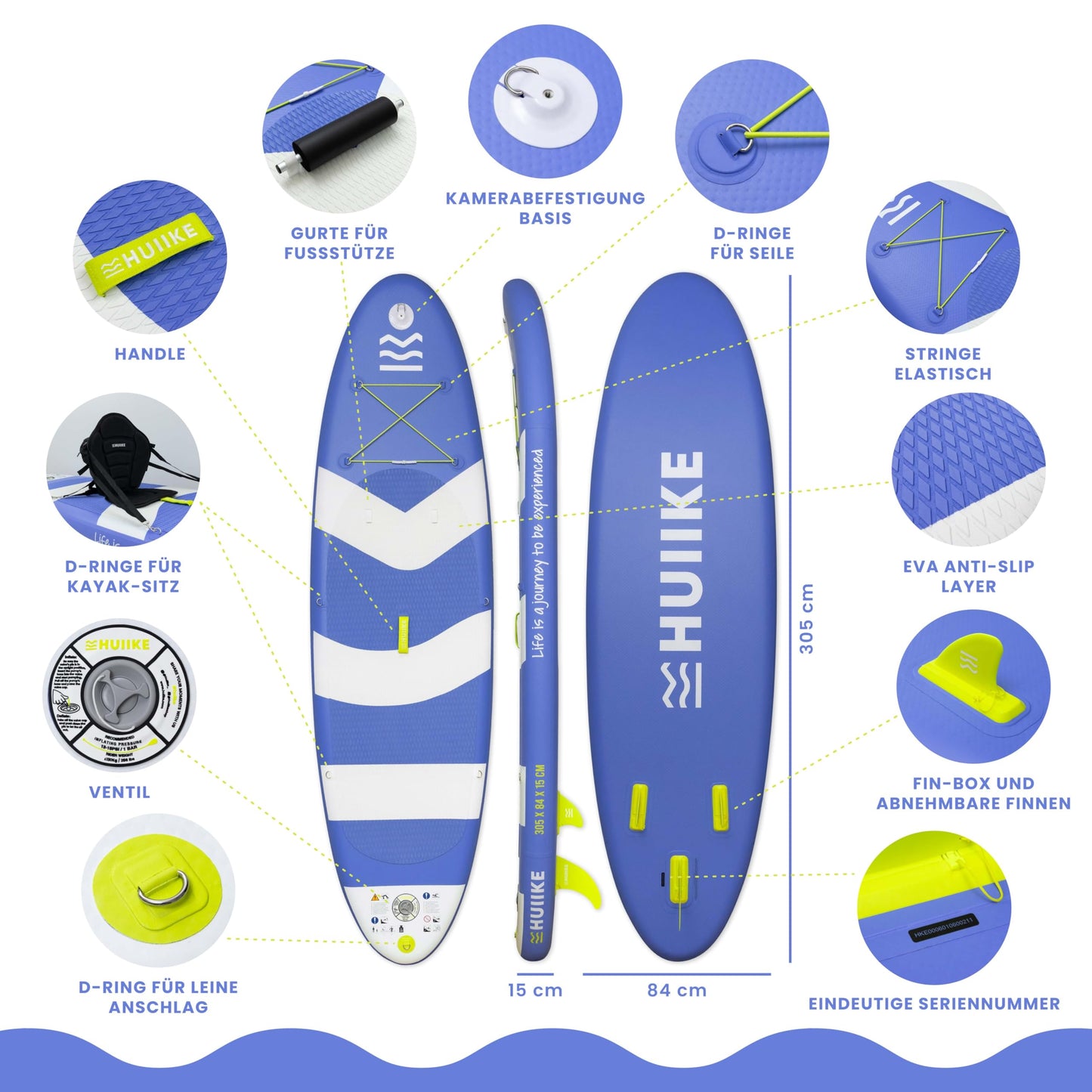 HUIIKE aufblasbares SUP Board, bis 130 kg, 305 cm, mit Zubehör-Set