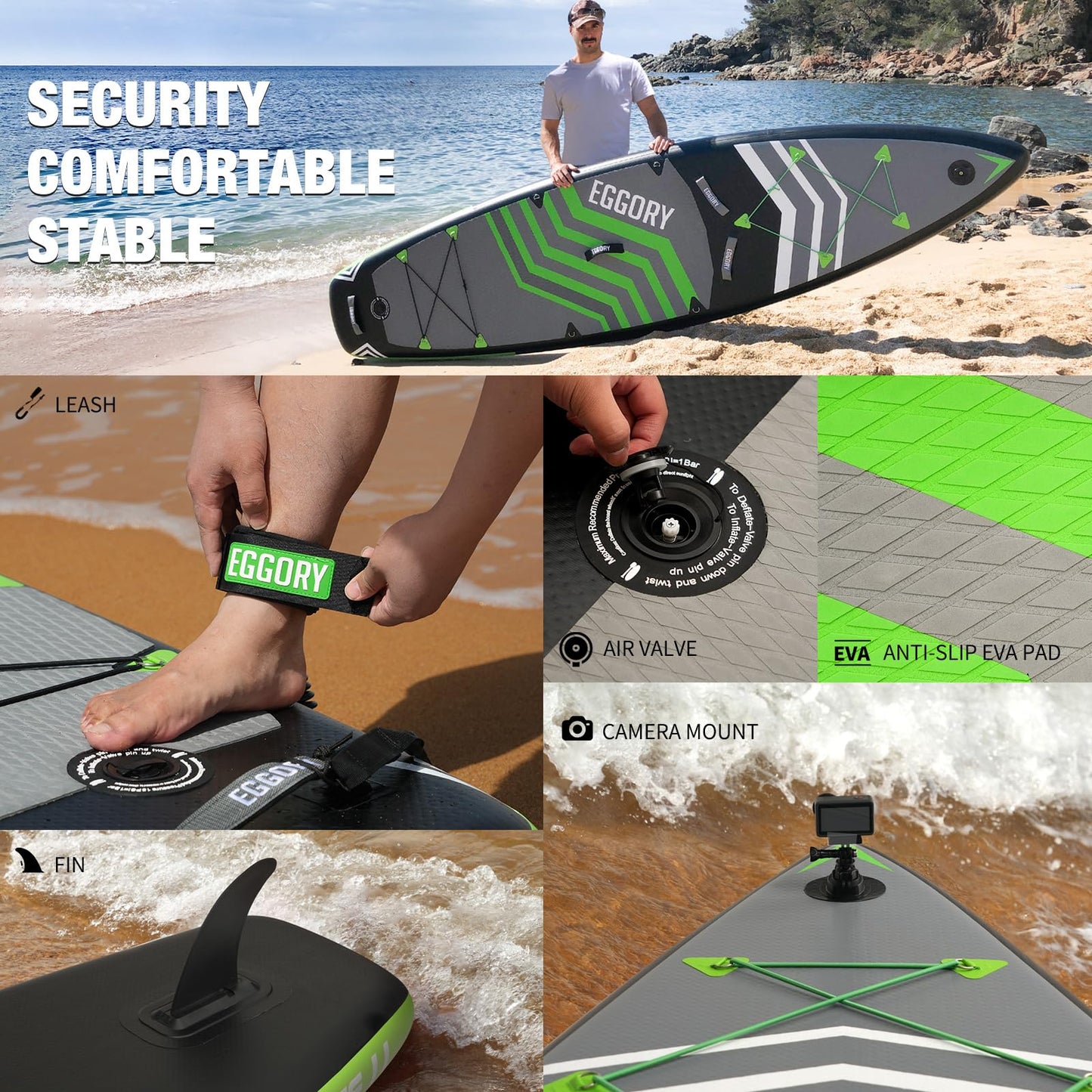 Extra breites aufblasbares SUP Board, mit Paddel & Pumpe, Graugrün