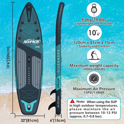 ALLPICK Premium aufblasbares SUP Board Set, mit Kamerahalterung, bis 200 kg, Grün