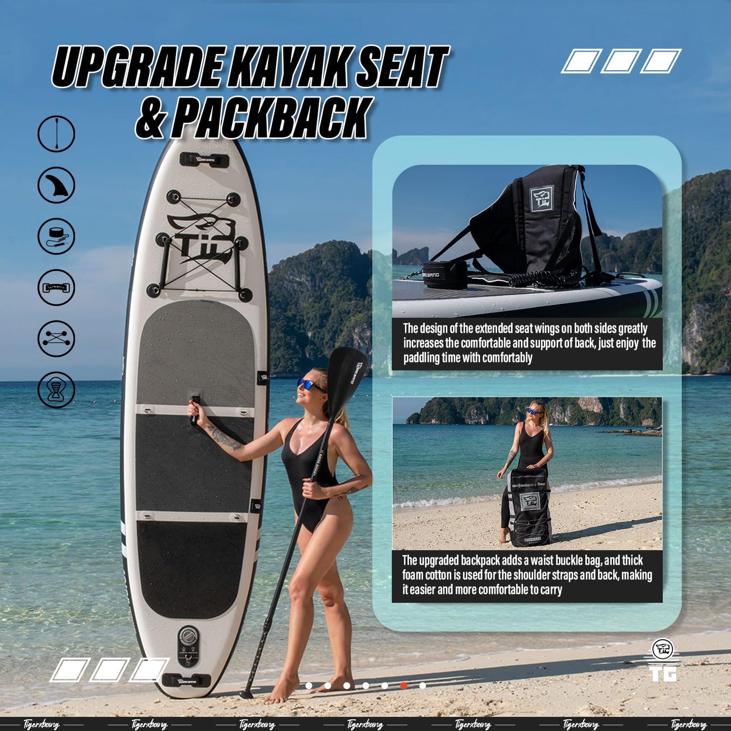 TIGERXBANG aufblasbares SUP Board, mit Kajak-Sitz und Doppelpaddel, 320 cm, Schwarz