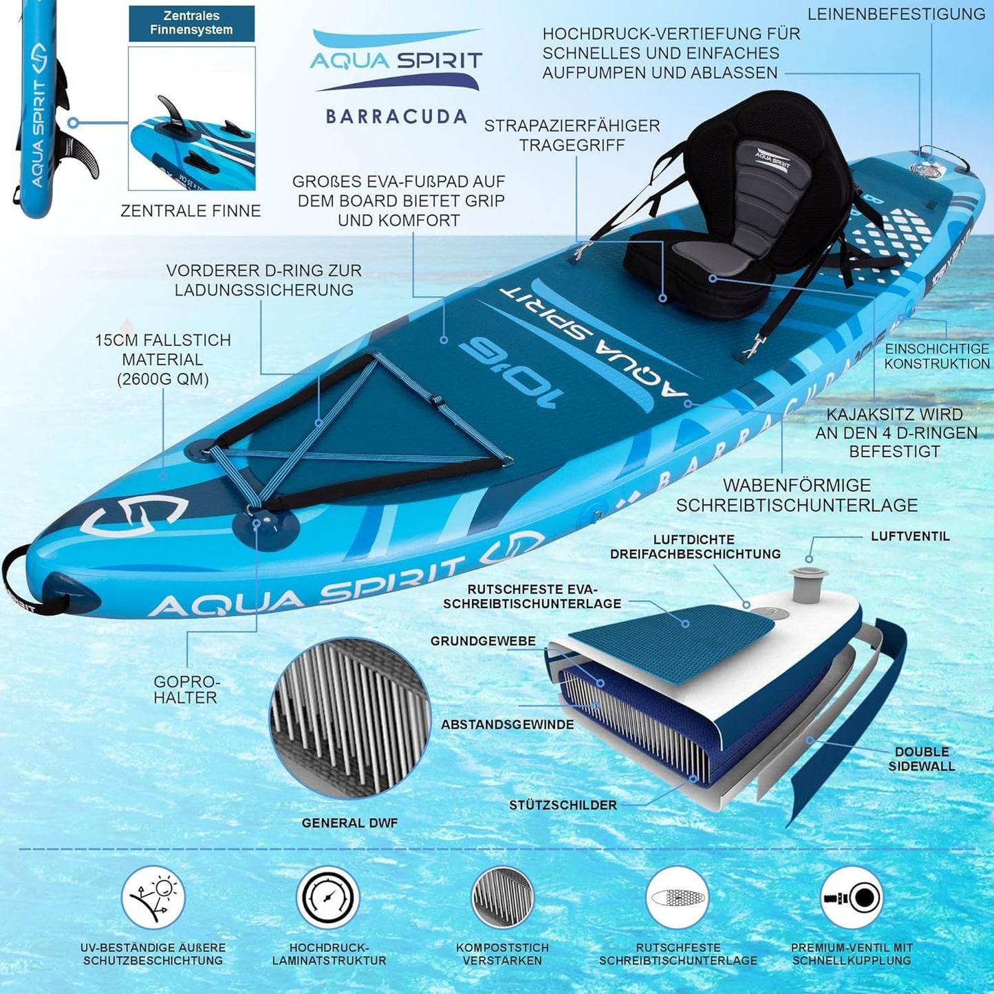Aqua Spirit aufblasbares SUP Board mit Sitz, 320 cm, Blau