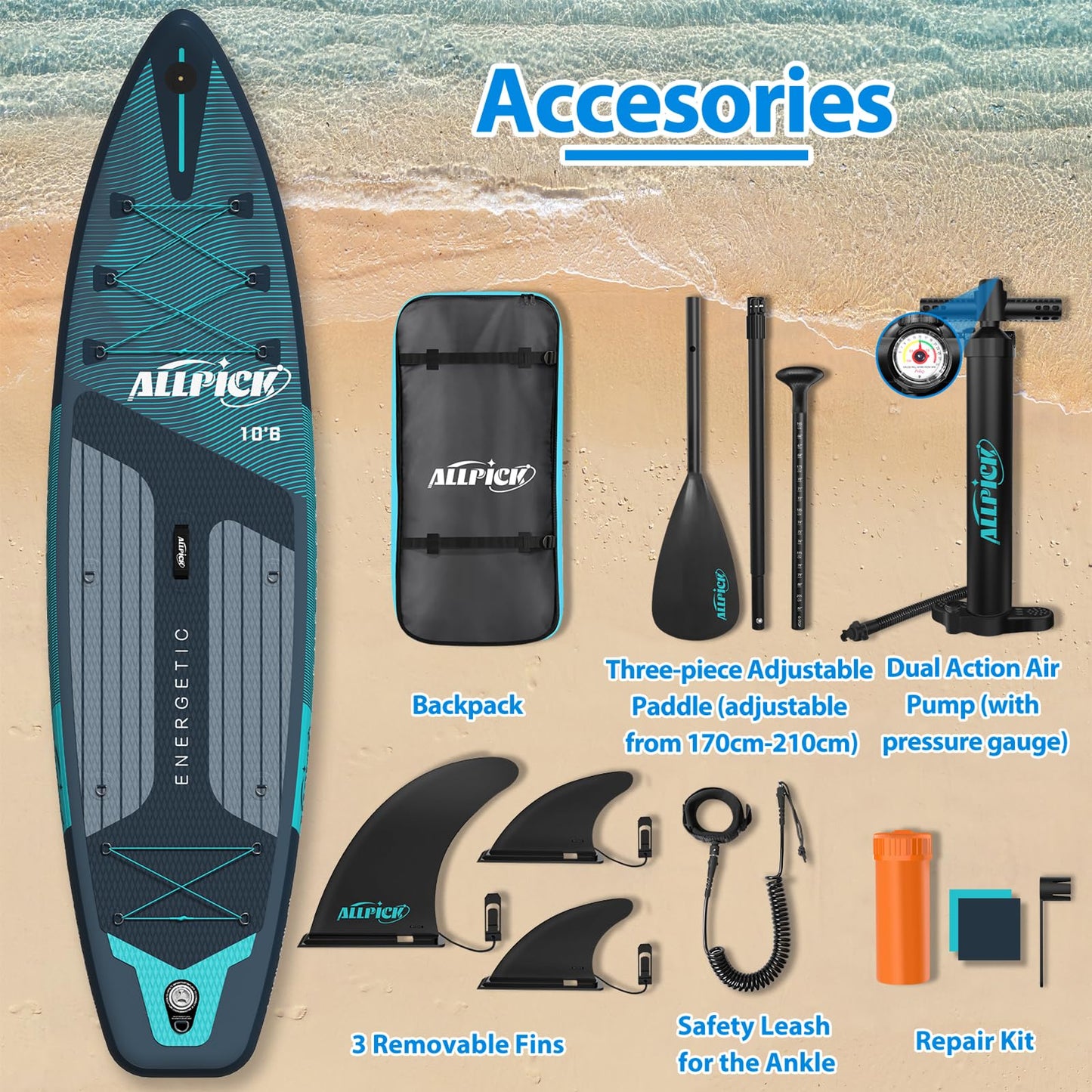 ALLPICK Premium aufblasbares SUP Board Set, mit Kamerahalterung, bis 200 kg, Grün