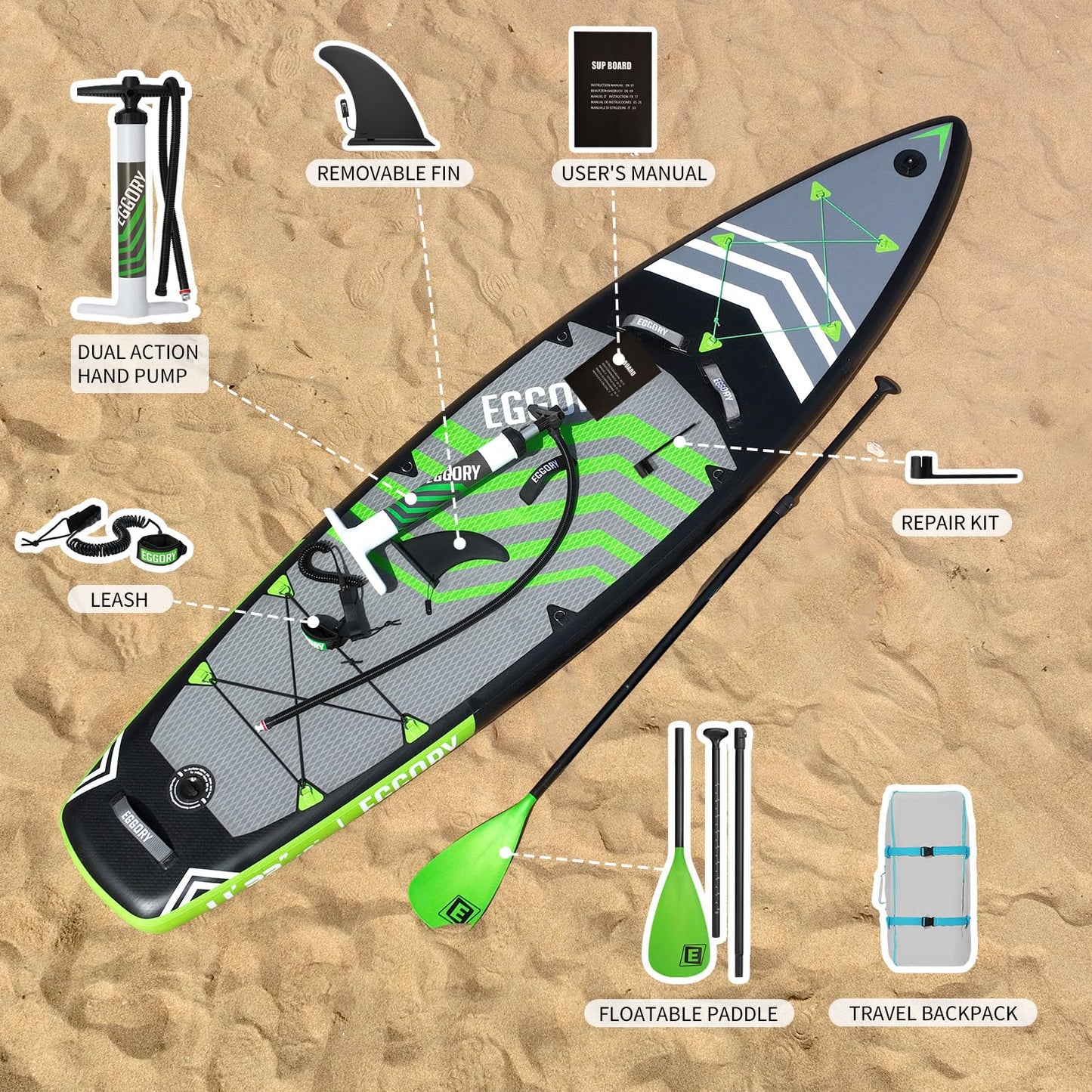 Extra breites aufblasbares SUP Board, mit Paddel & Pumpe, Graugrün